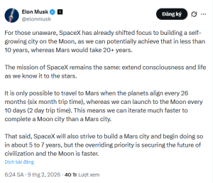Elon Musk bất ngờ thay đổi chiến lược của SpaceX: Tạm gác giấc mơ Sao Hỏa để ưu tiên xây dựng thành phố trên Mặt Trăng