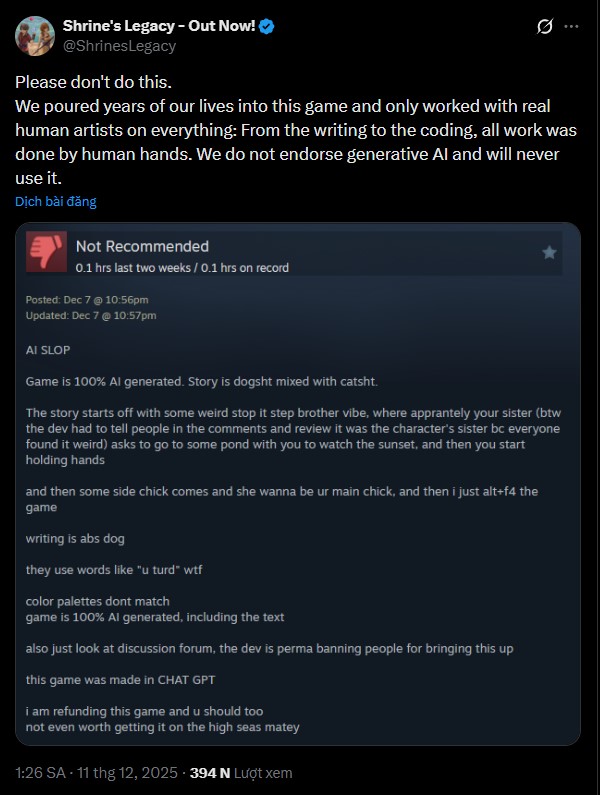 Tranh cãi gay gắt: Nhà phát triển game kêu cứu khi bị cáo buộc dùng AI tạo ra "rác phẩm" từ người dùng có 0,1 giờ chơi - Ảnh 3. Tranh cãi gay gắt: Nhà phát triển game kêu cứu khi bị cáo buộc dùng AI tạo ra "rác phẩm" từ người dùng có 0,1 giờ chơi - Ảnh 3.