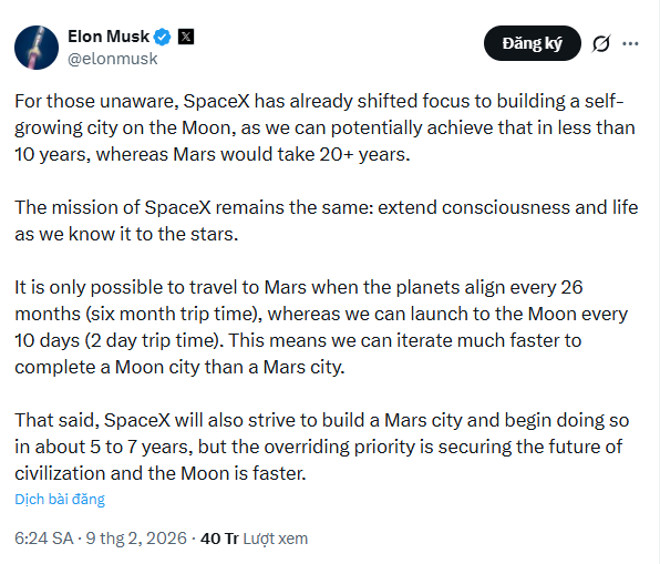 Elon Musk bất ngờ thay đổi chiến lược của SpaceX: Tạm gác giấc mơ Sao Hỏa để ưu tiên xây dựng thành phố trên Mặt Trăng - Ảnh 1.