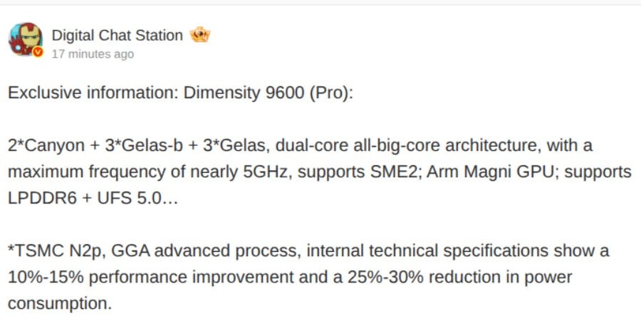 MediaTek Dimensity 9600 Pro lộ thông số: Mạnh ngang Snapdragon 8 Elite mà pin bền hơn - Ảnh 1.